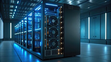 Fintech concept, High-tech data center with advanced graphics processing units and a futuristic design.