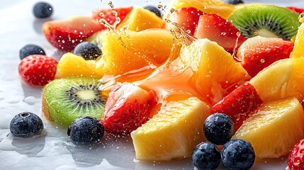 Fruit Salad with Splash of Orange Juice Isolated on Transparent Background 