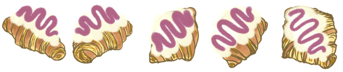 Delicious Croissant Pastry Topped with Whipped Cream and Purple Berry Icing Illustration for Bakery Decor or Digital Sticker