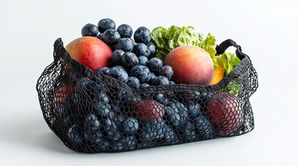Fruits and vegetables in a reusable shopping bag, isolated.