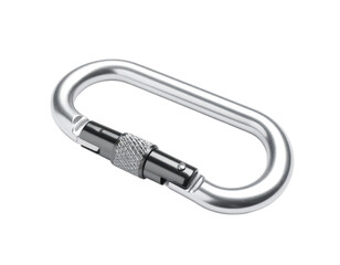 A shiny metal carabiner clip, essential for climbing and securing gear, isolated on white.