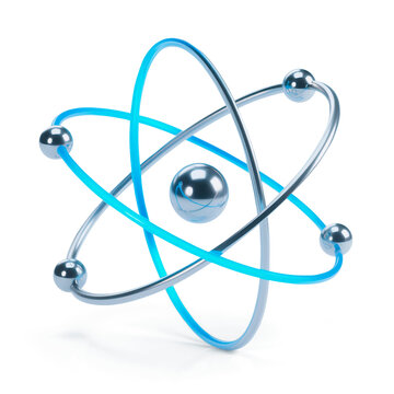 illustration of a metallic atom with glowing blue orbits, perfect for scientific and quantum-related themes. Image with transparent background and shadow included