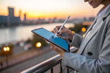 Professional signing a document on a tablet with a stylus outdoors
