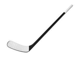 A black and white ice hockey stick, angled view, essential equipment for playing ice hockey, isolated on white.