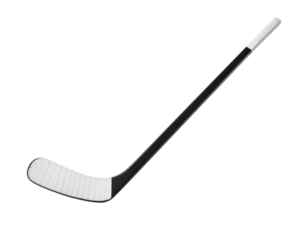 A black and white ice hockey stick, angled view, essential equipment for playing ice hockey, isolated on white.