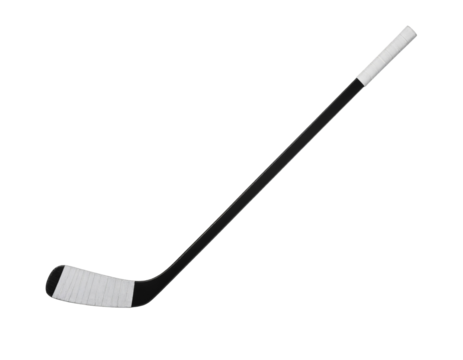 A black and white ice hockey stick, essential equipment for playing ice hockey, isolated on white.