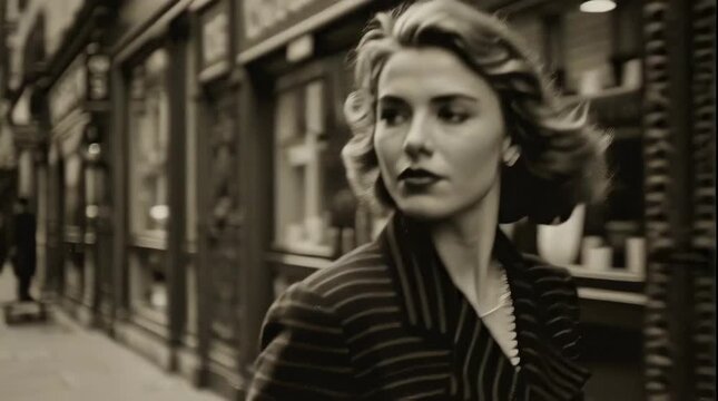 vintage young woman walking through paris street in 1947	

