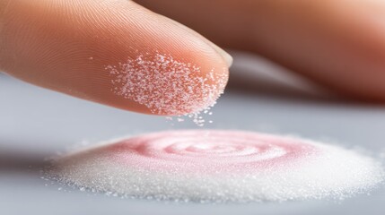 Fototapeta premium Fingertip dispersing fine particles of different colors onto a surface.