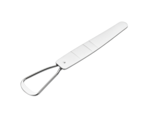 A white plastic tongue scraper, a hygiene tool for oral health, isolated on white.