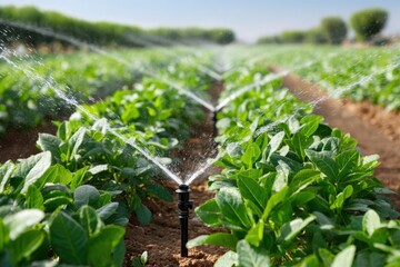 Sprinkler watering rows of green plants in a field, on a sunny day.