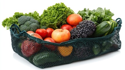 Fruits and vegetables in a reusable shopping bag, isolated.
