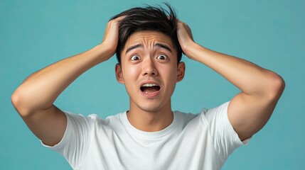Frustrated Asian Man in White T-Shirt Pulling His Hair 