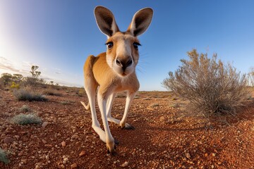 Curious kangaroo in australian outback landscape
