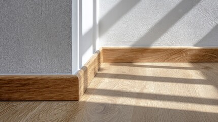 Light wooden floor and baseboard, white wall with light beam shadows, corner of a room, sunlight shining through the blinds.