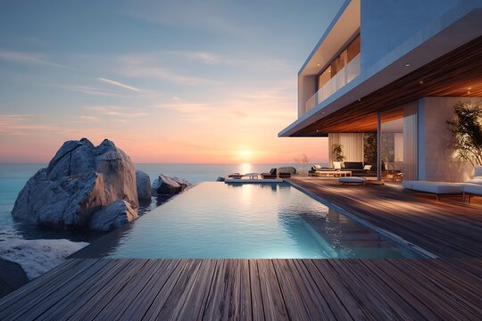 Luxury modern villa with infinity pool overlooking ocean sunset isolated on white background