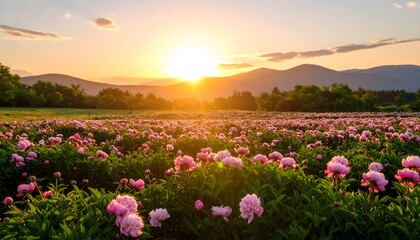 Vast pink peony field at golden sunset
