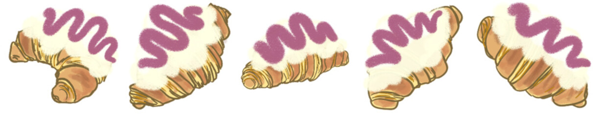 Delicious Croissant Pastry Topped with Whipped Cream and Purple Berry Icing Illustration for Bakery Decor or Digital Sticker