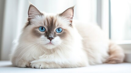 Full-Body Shot of a Ragdoll Cat with Soft, Long Fur and Bright Blue Eyes, Set Against a White Background 