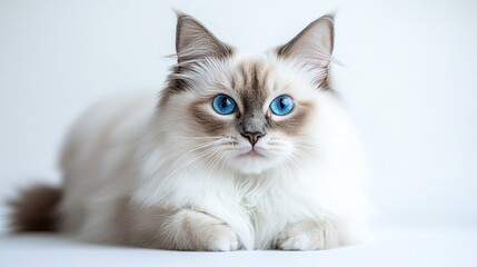 Full-Body Shot of a Ragdoll Cat with Soft, Long Fur and Bright Blue Eyes, Set Against a White Background 