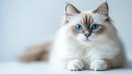 Full-Body Shot of a Ragdoll Cat with Soft, Long Fur and Bright Blue Eyes, Set Against a White Background 