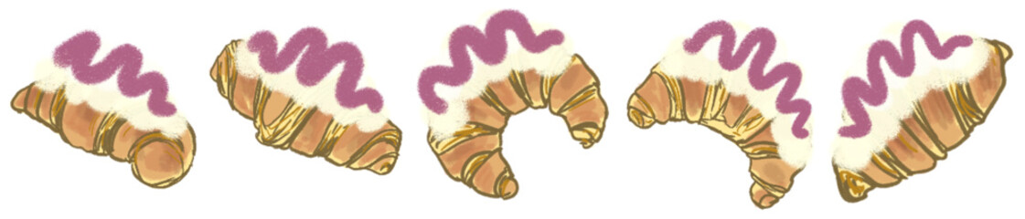 Delicious Croissant Pastry Topped with Whipped Cream and Purple Berry Icing Illustration for Bakery Decor or Digital Sticker