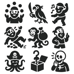 Pirate Icons of Fun. Solid style icons of pirate humor and fun: juggling coins, parrot with sword, pirate dancing, pirate slipping