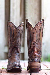 Leather cowboy boots in a brick sidewalk against a weathered tree. American cowboy culture close-up.