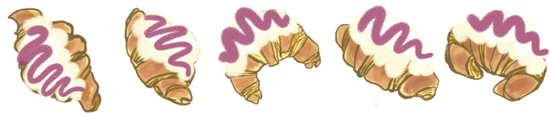 Delicious Croissant Pastry Topped with Whipped Cream and Purple Berry Icing Illustration for Bakery Decor or Digital Sticker