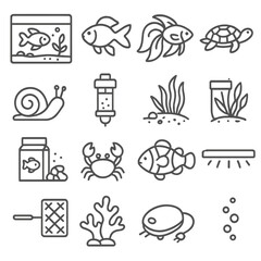 Aquatic Pet Icons. Line style icons of aquatic pets: aquarium, goldfish, betta fish, turtle, snail, water filter, gravel bed,