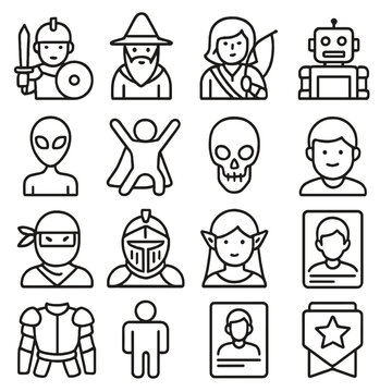 Fototapeta Game Character Icons. Line style icons of game characters and avatars: warrior, wizard, archer, robot, alien, hero pose, enemy