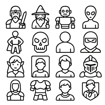 Fototapeta Game Character Icons. Line style icons of game characters and avatars: warrior, wizard, archer, robot, alien, hero pose, enemy