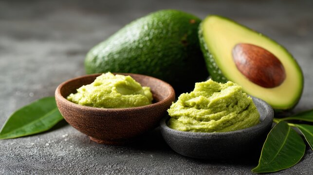 Fresh avocados and guacamole in small bowls