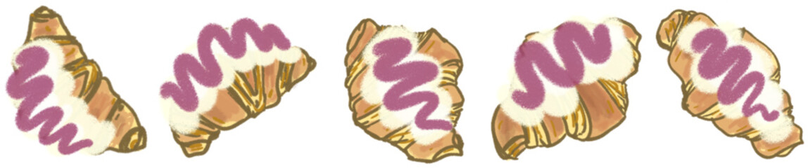 Delicious Croissant Pastry Topped with Whipped Cream and Purple Berry Icing Illustration for Bakery Decor or Digital Sticker