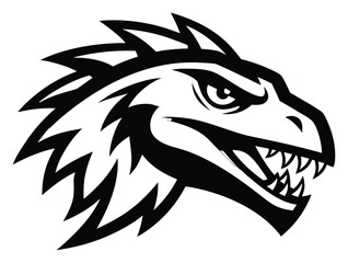 Aggressive Dinosaur Head Logo Black and White Illustration Fierce Reptile Design Mascot Graphic Element Prehistoric Creature Jurassic Era