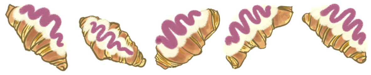 Delicious Croissant Pastry Topped with Whipped Cream and Purple Berry Icing Illustration for Bakery Decor or Digital Sticker