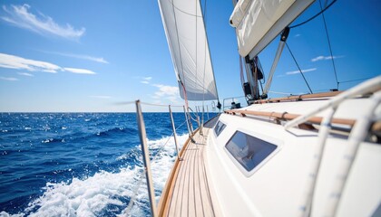 Fototapeta premium Sailing Yacht on Open Ocean with Blue Sky and White Sails, Sunny Day