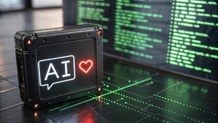 AI Powered Heart Futuristic Device with Glowing Heart Icon