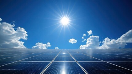 solar energy with blue sky background, solar panels for renewable energy.