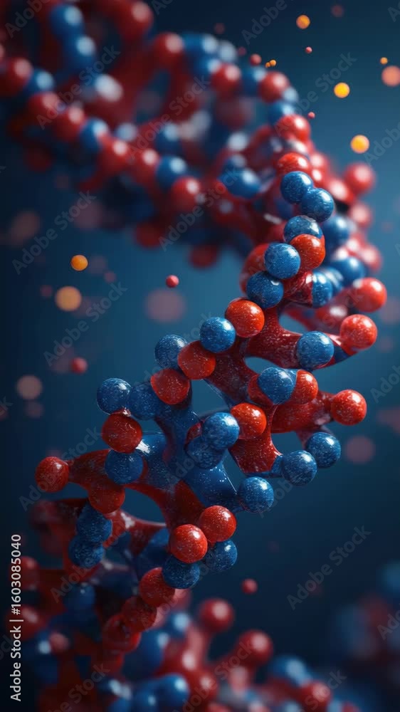 Aufkleber the image shows a close-up of a strand of dna with red and blue colored bases, set against a dark ba