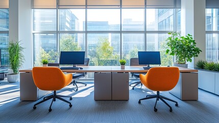 Furniture and Desktop Computers Arranged in an Office 
