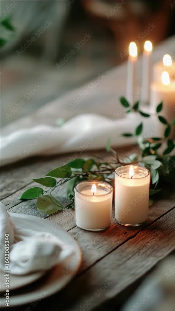 Poster a rustic table adorned with lit candles and greenery, creating a warm ambiance for an intimate dinne