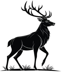 Elegant Black Deer Silhouette Illustration on White Background Featuring a Majestic Buck with Antlers Ideal for Wildlife Nature and Design Projects Vector Art





