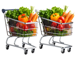 Pair of 3D Shopping Carts Filled with Fresh Vegetables, Isolated on Transparent Background