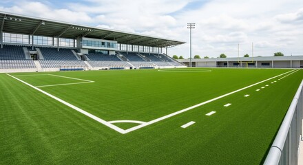 Modern soccer stadium with artificial turf field, stands, and lighting.