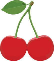 Two Fresh Red Cherries on a Stem with a Green Leaf, Sweet and Juicy Fruit, Isolated Vector Illustration for Healthy Eating, Summer Concepts, and Food Designs