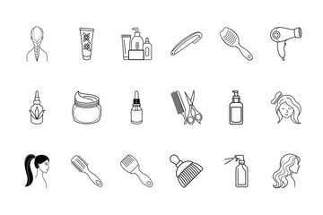 Collection line art icons for hair care beauty products vector