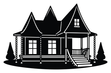 Black and White Silhouette of a Victorian House with Porch and Trees Perfect for Spooky Design