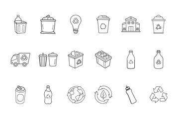 Collection line art icons related to recycling waste management trash