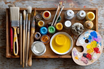 Artistic painting supplies with brushes and colorful paint jars on wooden tray