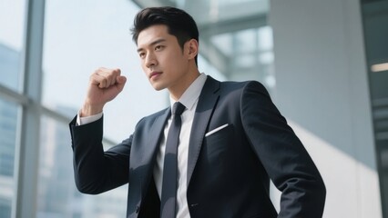 A man in a suit stands confidently with one hand raised, set against a modern building backdrop.